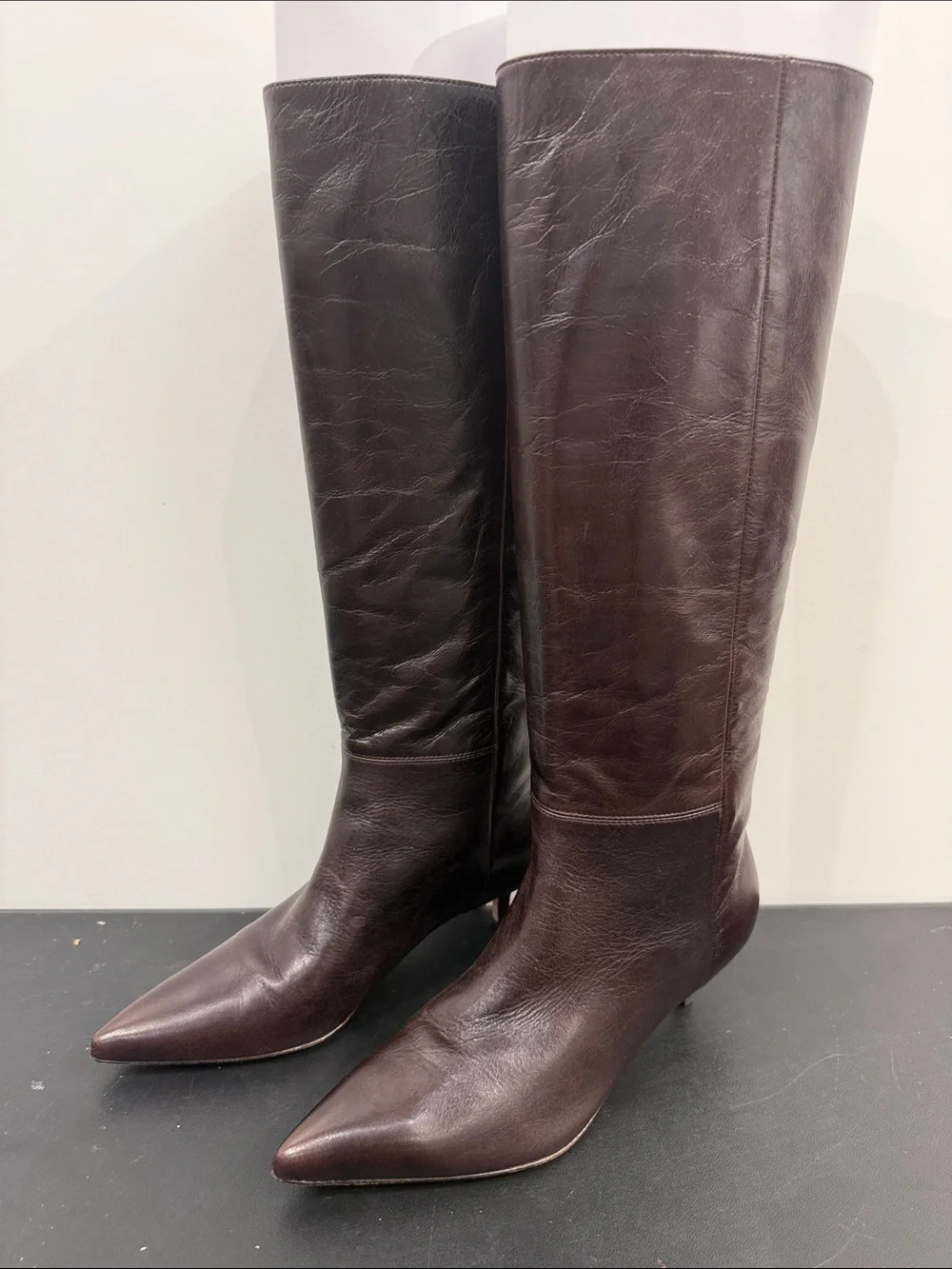 Veronica Beard LISA 45 Tall Dark Brown Knee-High Pointed Toe Leather Boots